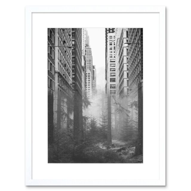 "Artery8 Wall Art Print Forest City Urban Skyscrapers Trees Combined Photograph Framed Art in White - Size: W7"" x H9""" - image 1