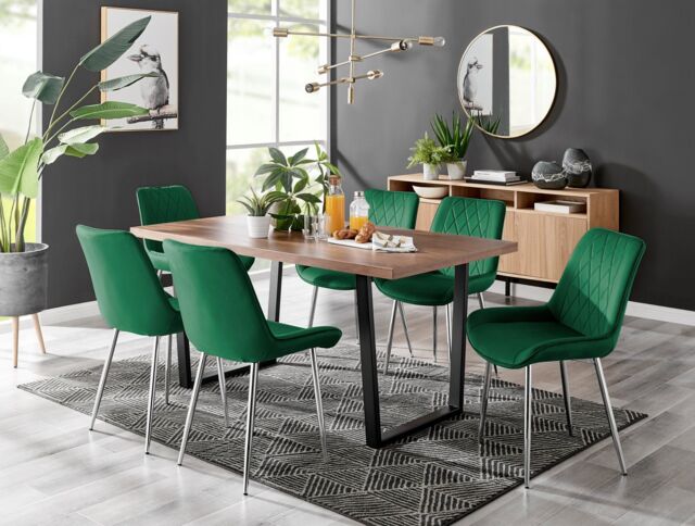 FurnitureboxUK Kylo Large Brown Wood Effect Dining Table & 6 Pesaro Velvet Silver Leg Chairs in Green - image 1