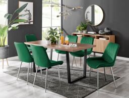 FurnitureboxUK Kylo Large Brown Wood Effect Dining Table & 6 Pesaro Velvet Silver Leg Chairs in Green