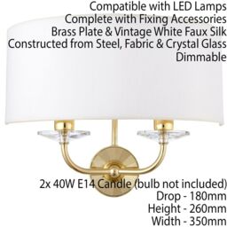 Loops Dimmable Twin Wall Light Brass Glass White Fabric Shade Curved Arm Lamp Fitting - thumbnail 2