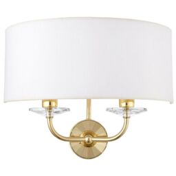 Loops Dimmable Twin Wall Light Brass Glass White Fabric Shade Curved Arm Lamp Fitting