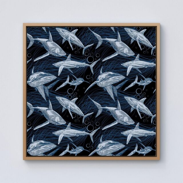 Warren Reed - Designer Hand Drawn Shark Pattern Framed Canvas in Light Brown - Size: w40 inch x h40 inch - image 1