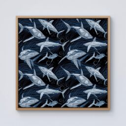 Warren Reed - Designer Hand Drawn Shark Pattern Framed Canvas in Light Brown - Size: w40 inch x h40 inch - thumbnail 1