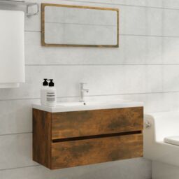 Berkfield Home Sink Cabinet Smoked Oak 90x38.5x45 cm Engineered Wood in Brown - thumbnail 3
