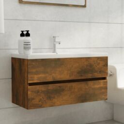 Berkfield Home Sink Cabinet Smoked Oak 90x38.5x45 cm Engineered Wood in Brown - thumbnail 1