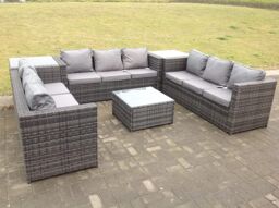 Fimous Patio 9 Seater U Shape Rattan Sofa Set Patio Outdoor Garden Furniture With 3 Coffee Table Dark Grey Mixed - thumbnail 4