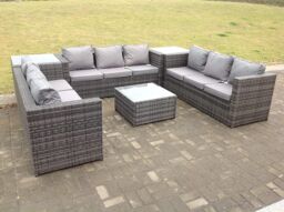 Fimous Patio 9 Seater U Shape Rattan Sofa Set Patio Outdoor Garden Furniture With 3 Coffee Table Dark Grey Mixed - thumbnail 3