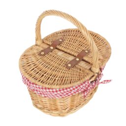 Red Hamper Wicker Child's Lined Oval Lidded Picnic Basket in Brown - thumbnail 2