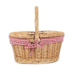 Red Hamper Wicker Child's Lined Oval Lidded Picnic Basket in Brown - thumbnail 3