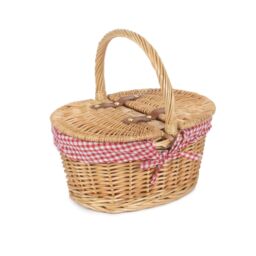 Red Hamper Wicker Child's Lined Oval Lidded Picnic Basket in Brown - thumbnail 1