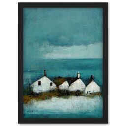 Artery8 Scottish Seascape White Cottages On Teal Artwork Framed Wall Art Print A4 in Black - thumbnail 1