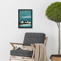 Artery8 Scottish Seascape White Cottages On Teal Artwork Framed Wall Art Print A4 in Black - thumbnail 2
