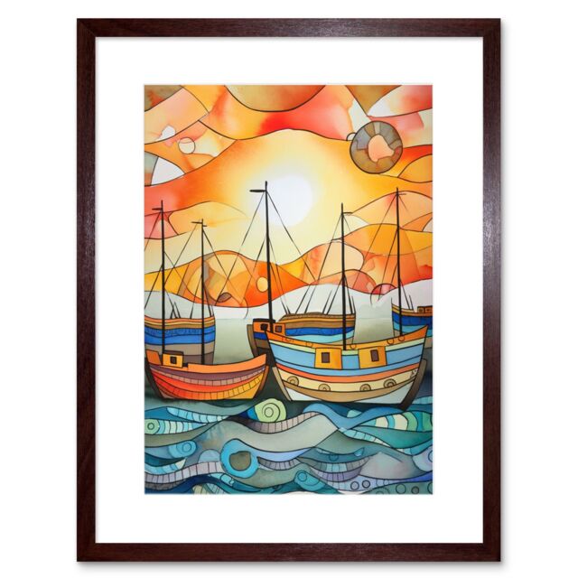 "Artery8 Wall Art Print Fishing Boats At Sunrise Folk Art Watercolour Painting Artwork Framed 9X7 Inch in Brown - Size: W7"" x H9""" - image 1