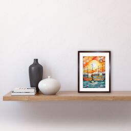 "Artery8 Wall Art Print Fishing Boats At Sunrise Folk Art Watercolour Painting Artwork Framed 9X7 Inch in Brown - Size: W7"" x H9""" - thumbnail 2