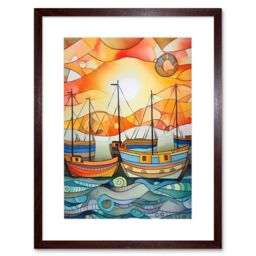 "Artery8 Wall Art Print Fishing Boats At Sunrise Folk Art Watercolour Painting Artwork Framed 9X7 Inch in Brown - Size: W7"" x H9""" - thumbnail 1