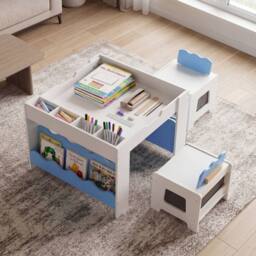 CASART Wooden Kids Table & Chairs Set Activity Table Set w/Chalkboard&Drawers in Blue - thumbnail 4