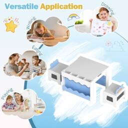 CASART Wooden Kids Table & Chairs Set Activity Table Set w/Chalkboard&Drawers in Blue - thumbnail 6