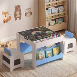 CASART Wooden Kids Table & Chairs Set Activity Table Set w/Chalkboard&Drawers in Blue - thumbnail 3