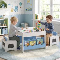 CASART Wooden Kids Table & Chairs Set Activity Table Set w/Chalkboard&Drawers in Blue - thumbnail 5