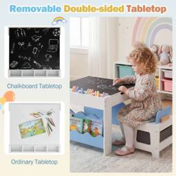 CASART Wooden Kids Table & Chairs Set Activity Table Set w/Chalkboard&Drawers in Blue - thumbnail 7