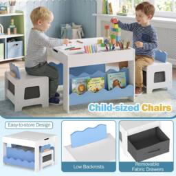 CASART Wooden Kids Table & Chairs Set Activity Table Set w/Chalkboard&Drawers in Blue - thumbnail 9
