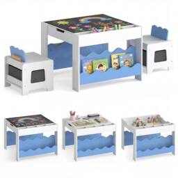 CASART Wooden Kids Table & Chairs Set Activity Table Set w/Chalkboard&Drawers in Blue
