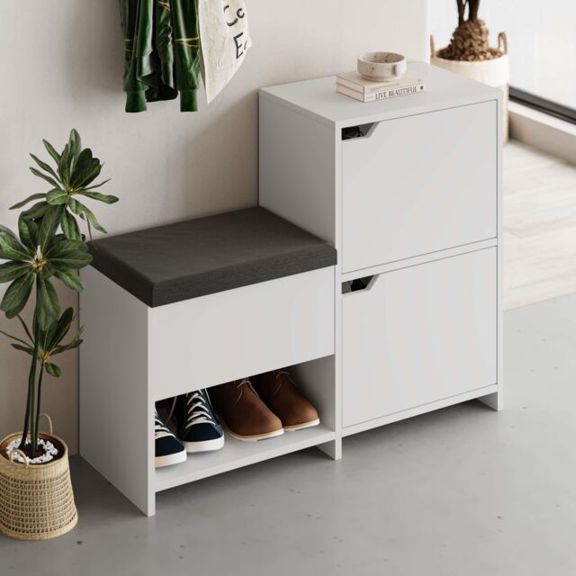 Decortie 'Haven' Modern 3-Door Shoe Storage Bench 101cm in White - Size: 2 Pack - image 1