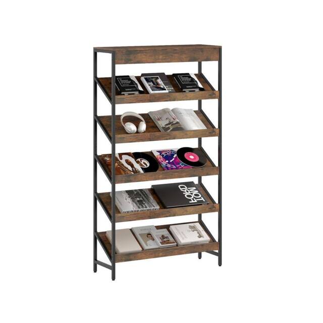 Gymax Tall Freestanding Slant Display Shelf Industrial 6-Tier Bookcase in Brown - image 1