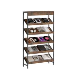 Gymax Tall Freestanding Slant Display Shelf Industrial 6-Tier Bookcase in Brown - thumbnail 1