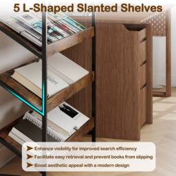 Gymax Tall Freestanding Slant Display Shelf Industrial 6-Tier Bookcase in Brown - thumbnail 3