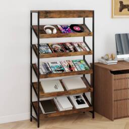 Gymax Tall Freestanding Slant Display Shelf Industrial 6-Tier Bookcase in Brown - thumbnail 9