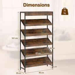 Gymax Tall Freestanding Slant Display Shelf Industrial 6-Tier Bookcase in Brown - thumbnail 2
