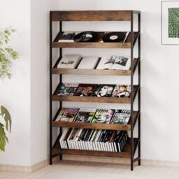 Gymax Tall Freestanding Slant Display Shelf Industrial 6-Tier Bookcase in Brown - thumbnail 7