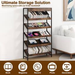 Gymax Tall Freestanding Slant Display Shelf Industrial 6-Tier Bookcase in Brown - thumbnail 4