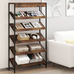 Gymax Tall Freestanding Slant Display Shelf Industrial 6-Tier Bookcase in Brown - thumbnail 8