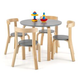 Costway 5-Piece Table & Chair Set Wooden Activity Table 4 Curved Chairs in Grey - thumbnail 1