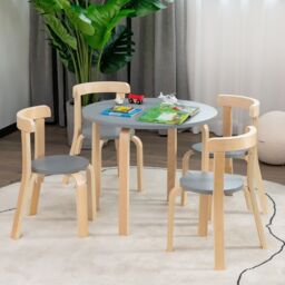 Costway 5-Piece Table & Chair Set Wooden Activity Table 4 Curved Chairs in Grey - thumbnail 3