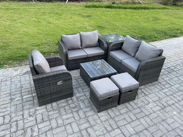 Fimous 7 Piece Garden Furniture Sets 7 Seater Outdoor Patio Furniture Set Weaving Wicker Rattan Sofa Chair & Table with 2 Small Footstools - image 1