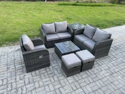 Fimous 7 Piece Garden Furniture Sets 7 Seater Outdoor Patio Furniture Set Weaving Wicker Rattan Sofa Chair & Table with 2 Small Footstools - thumbnail 1