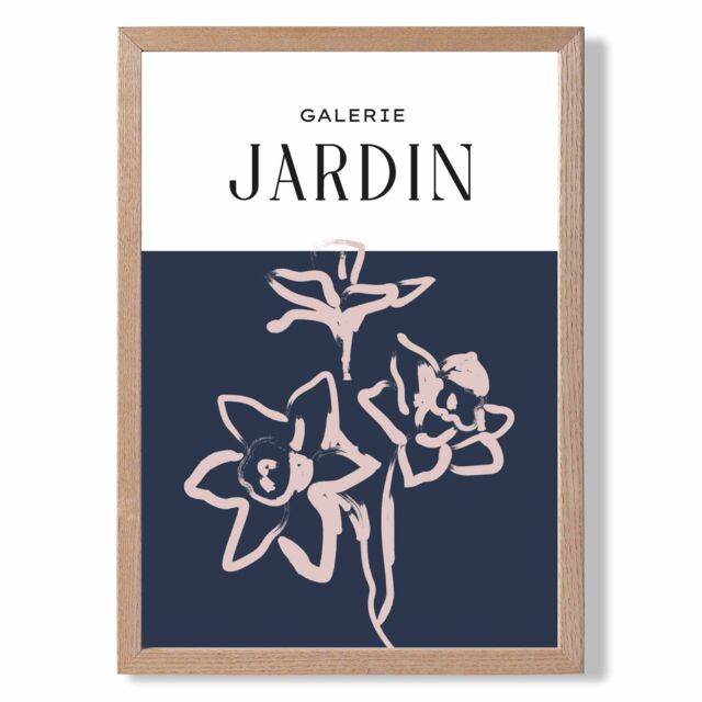 ARTZE Navy Blue & Blush Flowers Boho Sketch Floral Framed Print SIZE: A2 with Oak Frame - Size: A4 - image 1
