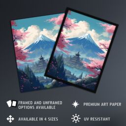 Artery8 Wall Art Print Japan Temple on Mount Fuji Lake Painting Green Blue Pink Cherry Blossom Trees Blooming in Tranquil Forest Landscape Poster - thumbnail 2