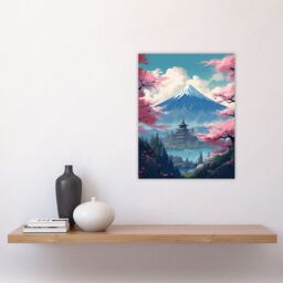 Artery8 Wall Art Print Japan Temple on Mount Fuji Lake Painting Green Blue Pink Cherry Blossom Trees Blooming in Tranquil Forest Landscape Poster - thumbnail 4