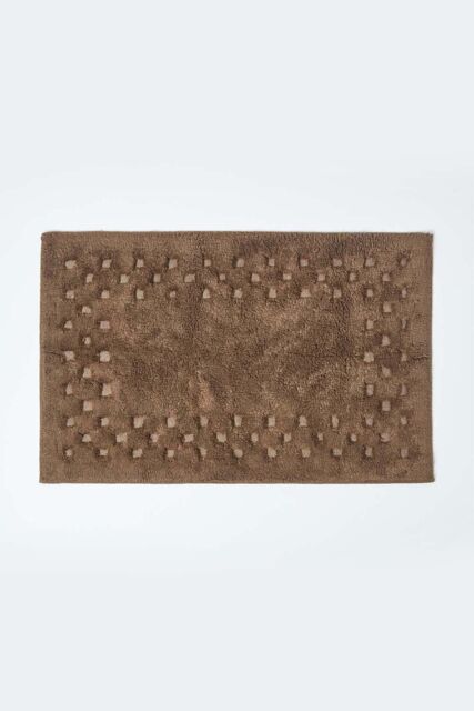 Homescapes Cotton Check Border Bath Mat in Chocolate - image 1