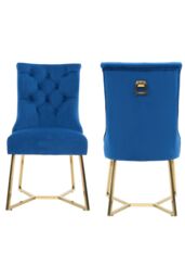 Life Interiors Set of 2 Ambra Modern Velvet Dining Chairs with Gold Legs, Ring Handle & Tufted Back in Blue - thumbnail 1