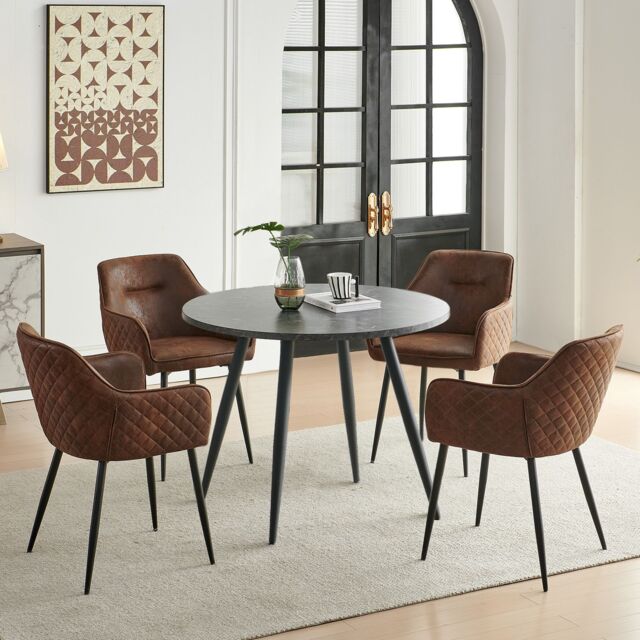 SONARA Black Marble Round Dining Table with 4 Faux Suede Dining Chairs Set in Brown - image 1