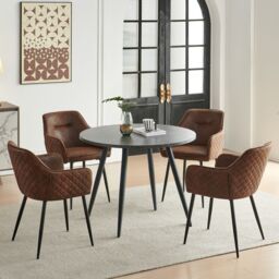 SONARA Black Marble Round Dining Table with 4 Faux Suede Dining Chairs Set in Brown - thumbnail 1