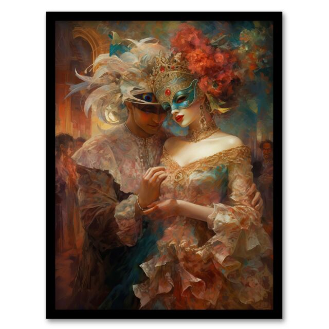"Artery8 Venetian Masked Ball Romantic Painting Art Print Framed Poster Wall Decor 12x16 inch in Black - Size: W12"" x H16""" - image 1