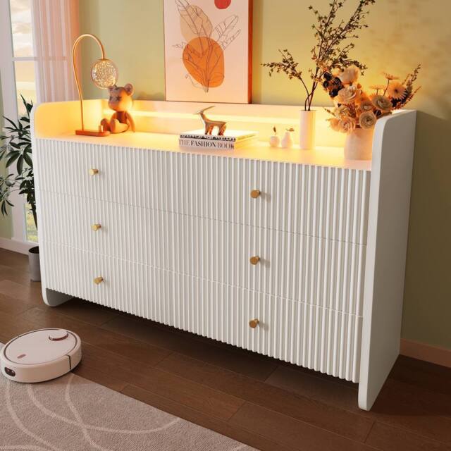 BTM Fluted 6 drawer sideboard with RGB LED lighting & storage shelves in White - image 1