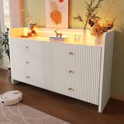 BTM Fluted 6 drawer sideboard with RGB LED lighting & storage shelves in White - thumbnail 1