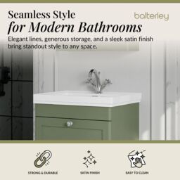 Balterley Bathroom Wall Hung 1-Drawer Vanity Unit & Fireclay Basin, Green, 600mm in Green - thumbnail 2